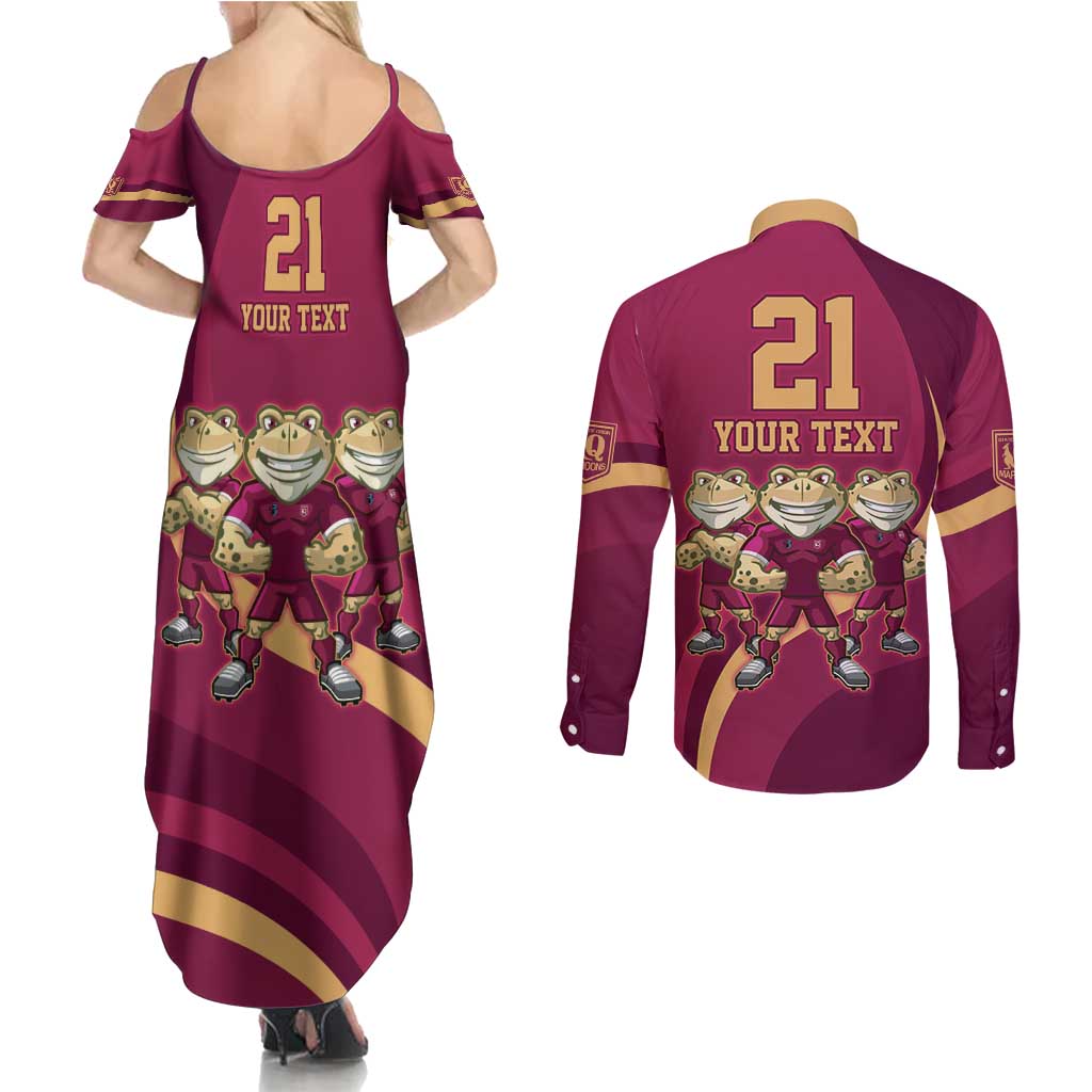 Custom QLD Maroons Cane Toad Couples Matching Summer Maxi Dress and Long Sleeve Button Shirt Queensland Origin No3