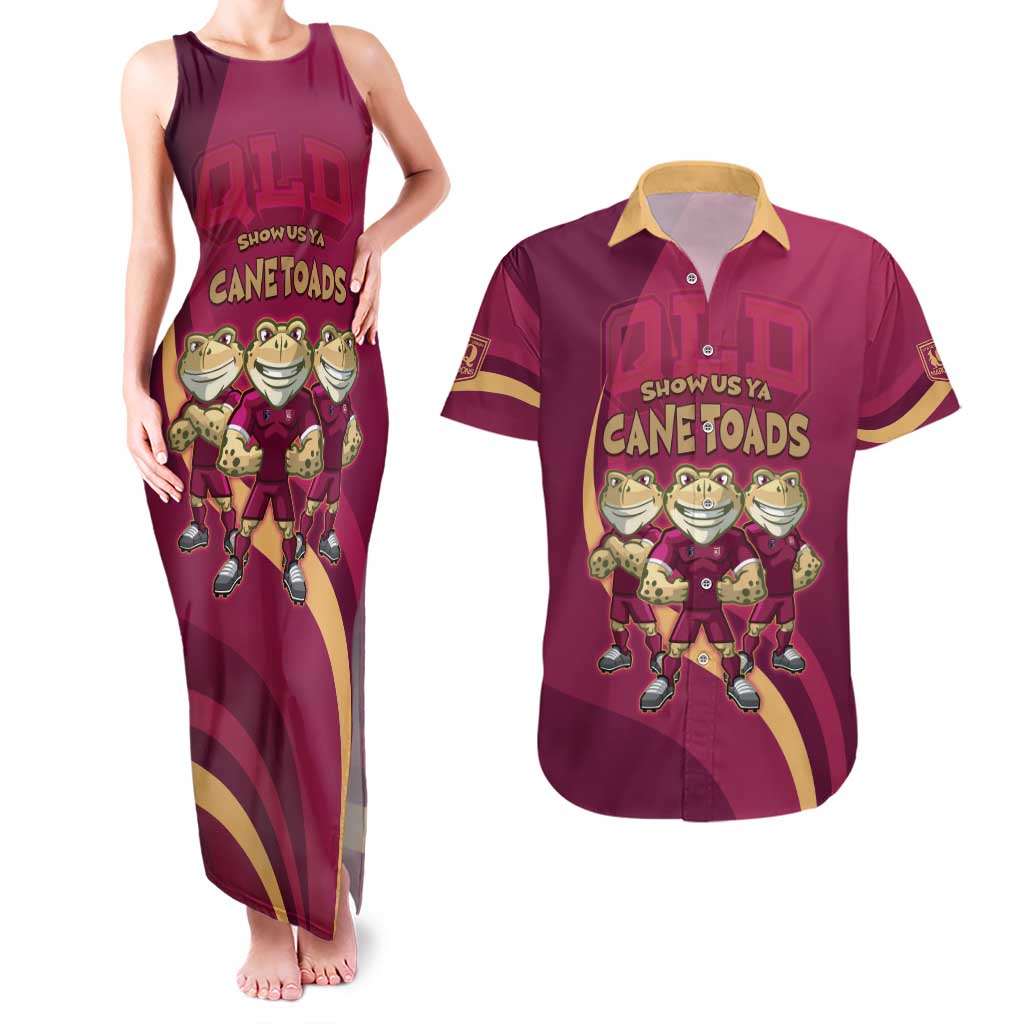 Custom QLD Maroons Cane Toad Couples Matching Tank Maxi Dress and Hawaiian Shirt Queensland Origin No3