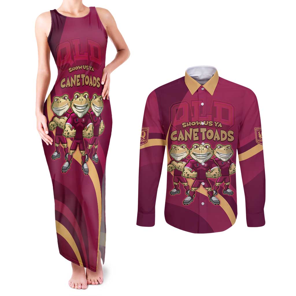 Custom QLD Maroons Cane Toad Couples Matching Tank Maxi Dress and Long Sleeve Button Shirt Queensland Origin No3