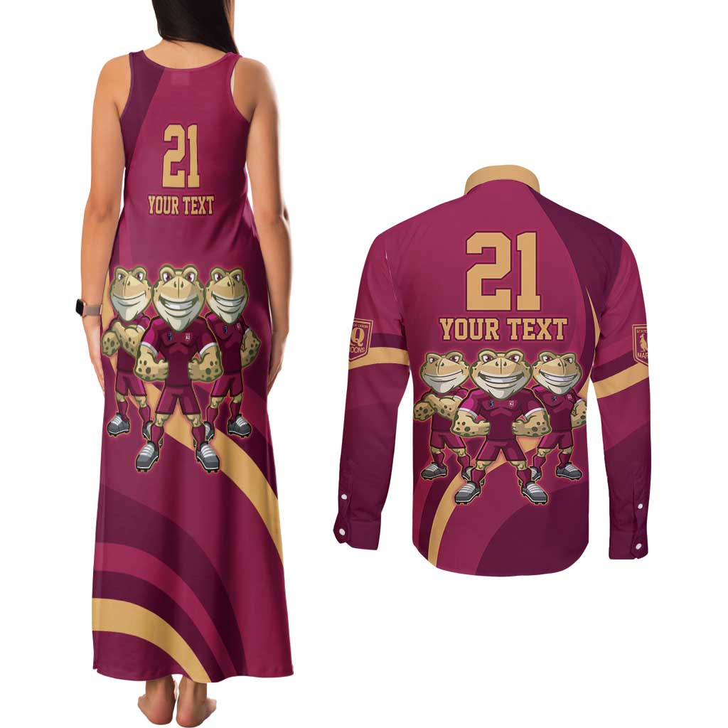 Custom QLD Maroons Cane Toad Couples Matching Tank Maxi Dress and Long Sleeve Button Shirt Queensland Origin No3