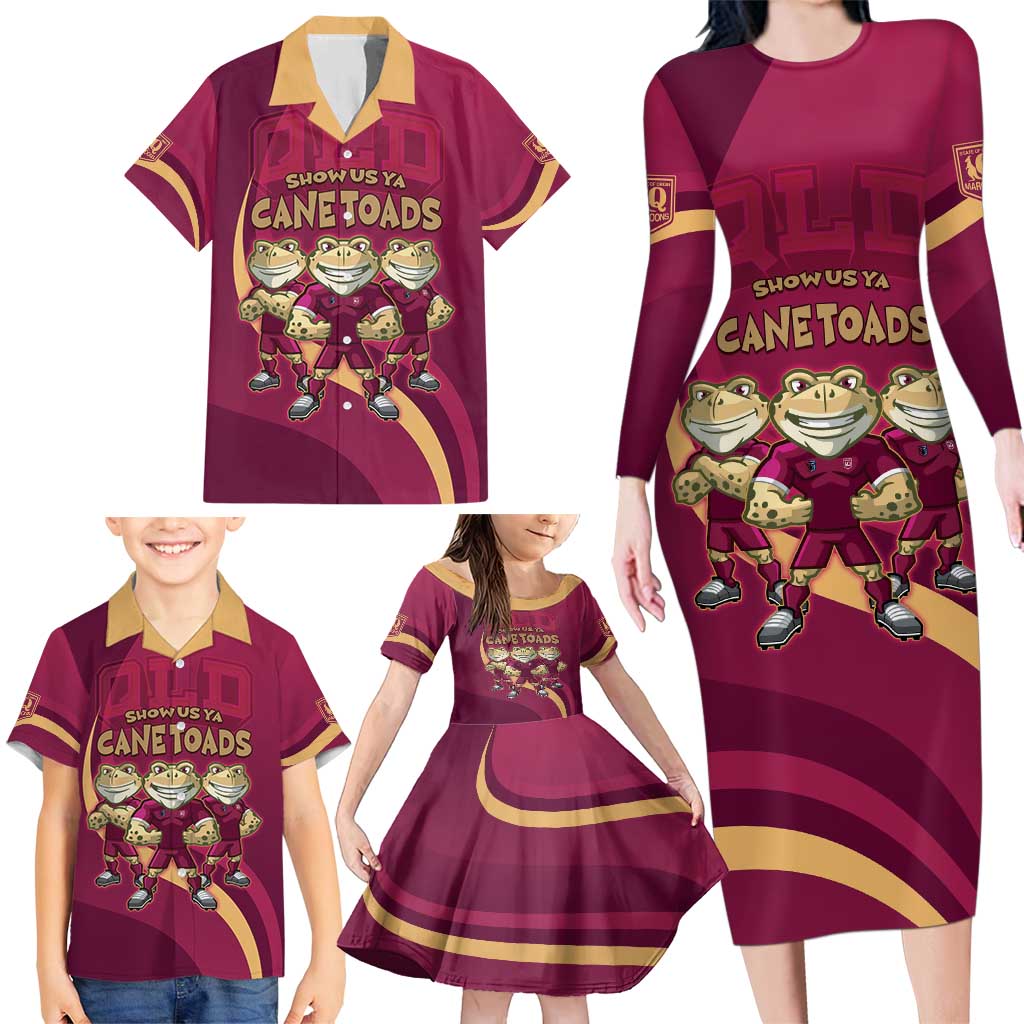 Custom QLD Maroons Cane Toad Family Matching Long Sleeve Bodycon Dress and Hawaiian Shirt Queensland Origin No3