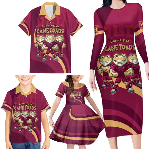 Custom QLD Maroons Cane Toad Family Matching Long Sleeve Bodycon Dress and Hawaiian Shirt Queensland Origin No3