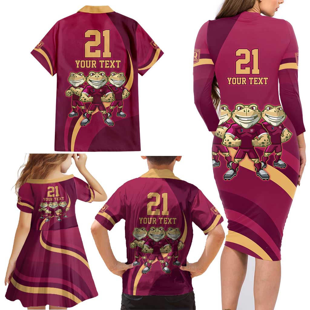 Custom QLD Maroons Cane Toad Family Matching Long Sleeve Bodycon Dress and Hawaiian Shirt Queensland Origin No3