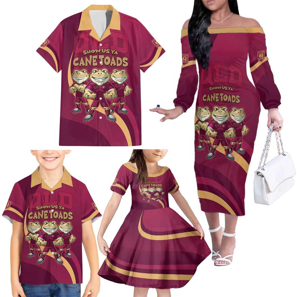 Custom QLD Maroons Cane Toad Family Matching Off The Shoulder Long Sleeve Dress and Hawaiian Shirt Queensland Origin No3