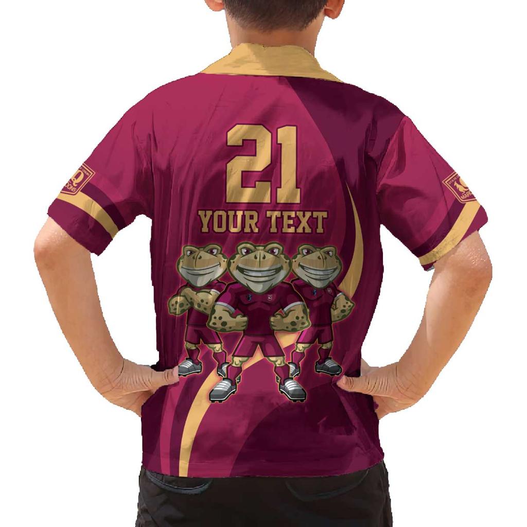 Custom QLD Maroons Cane Toad Family Matching Off The Shoulder Long Sleeve Dress and Hawaiian Shirt Queensland Origin No3