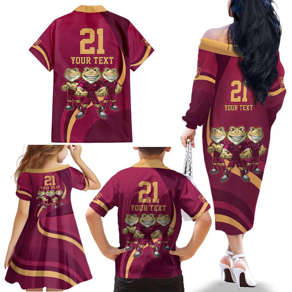 Custom QLD Maroons Cane Toad Family Matching Off The Shoulder Long Sleeve Dress and Hawaiian Shirt Queensland Origin No3