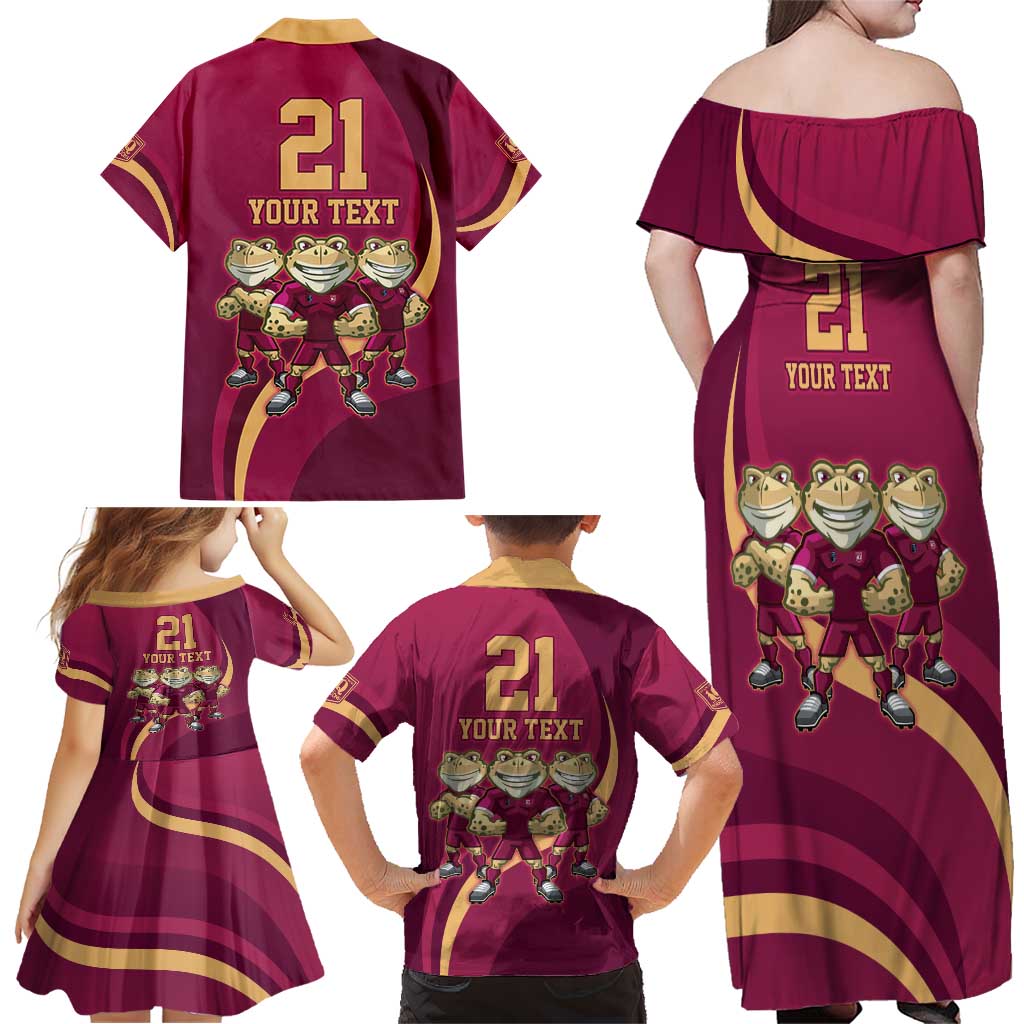 Custom QLD Maroons Cane Toad Family Matching Off Shoulder Maxi Dress and Hawaiian Shirt Queensland Origin No3