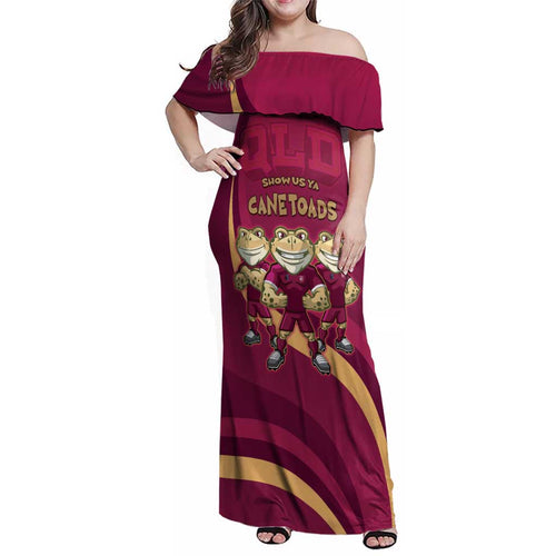 Custom QLD Maroons Cane Toad Family Matching Off Shoulder Maxi Dress and Hawaiian Shirt Queensland Origin No3