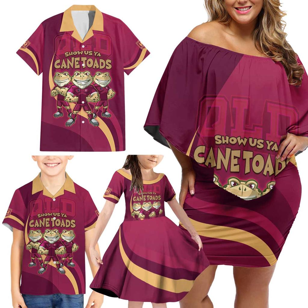 Custom QLD Maroons Cane Toad Family Matching Off Shoulder Short Dress and Hawaiian Shirt Queensland Origin No3