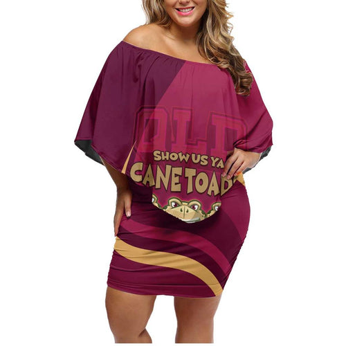 Custom QLD Maroons Cane Toad Family Matching Off Shoulder Short Dress and Hawaiian Shirt Queensland Origin No3