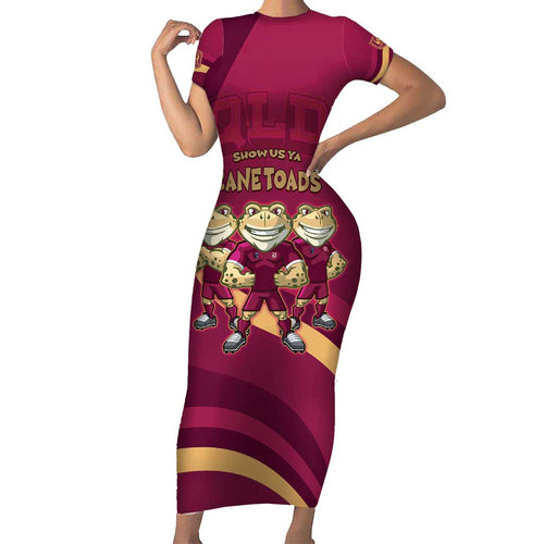 Custom QLD Maroons Cane Toad Family Matching Short Sleeve Bodycon Dress and Hawaiian Shirt Queensland Origin No3