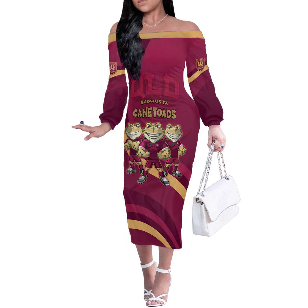 Custom QLD Maroons Cane Toad Off The Shoulder Long Sleeve Dress Queensland Origin No3