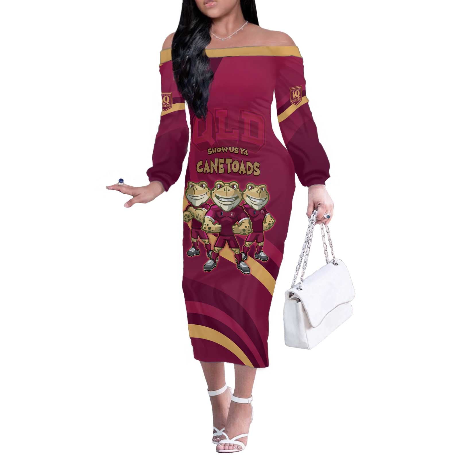Custom QLD Maroons Cane Toad Off The Shoulder Long Sleeve Dress Queensland Origin No3