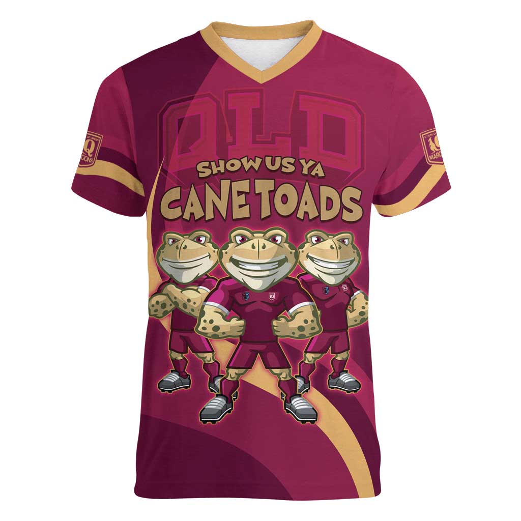 Custom QLD Maroons Cane Toad Women V-Neck T-Shirt Queensland Origin No3