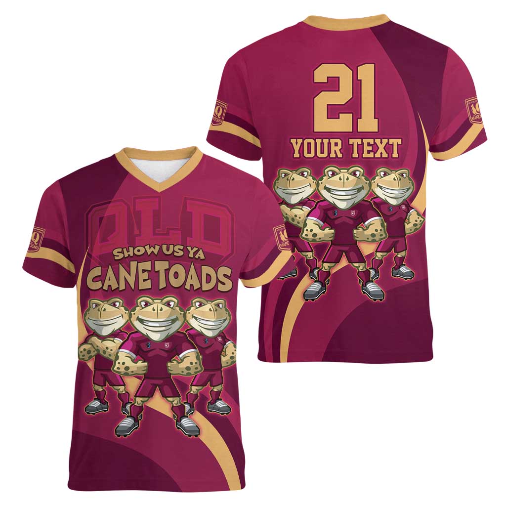 Custom QLD Maroons Cane Toad Women V-Neck T-Shirt Queensland Origin No3