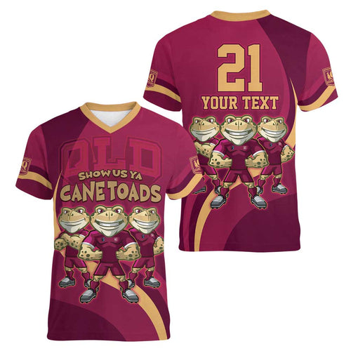 Custom QLD Maroons Cane Toad Women V-Neck T-Shirt Queensland Origin No3