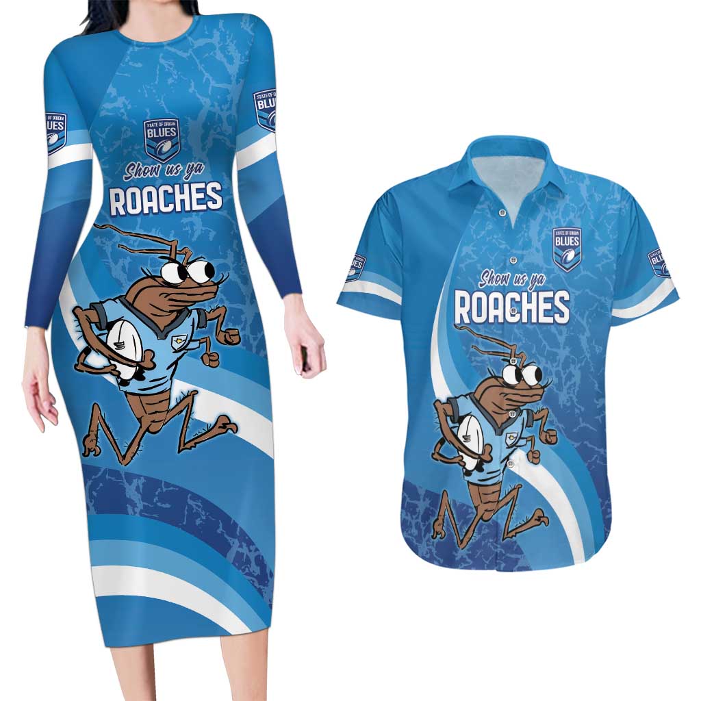 Custom NSW Cockroaches Blues Couples Matching Long Sleeve Bodycon Dress and Hawaiian Shirt New South Wales Origin No1