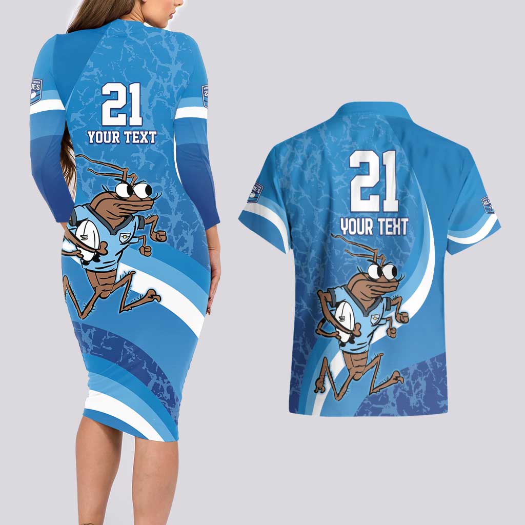 Custom NSW Cockroaches Blues Couples Matching Long Sleeve Bodycon Dress and Hawaiian Shirt New South Wales Origin No1