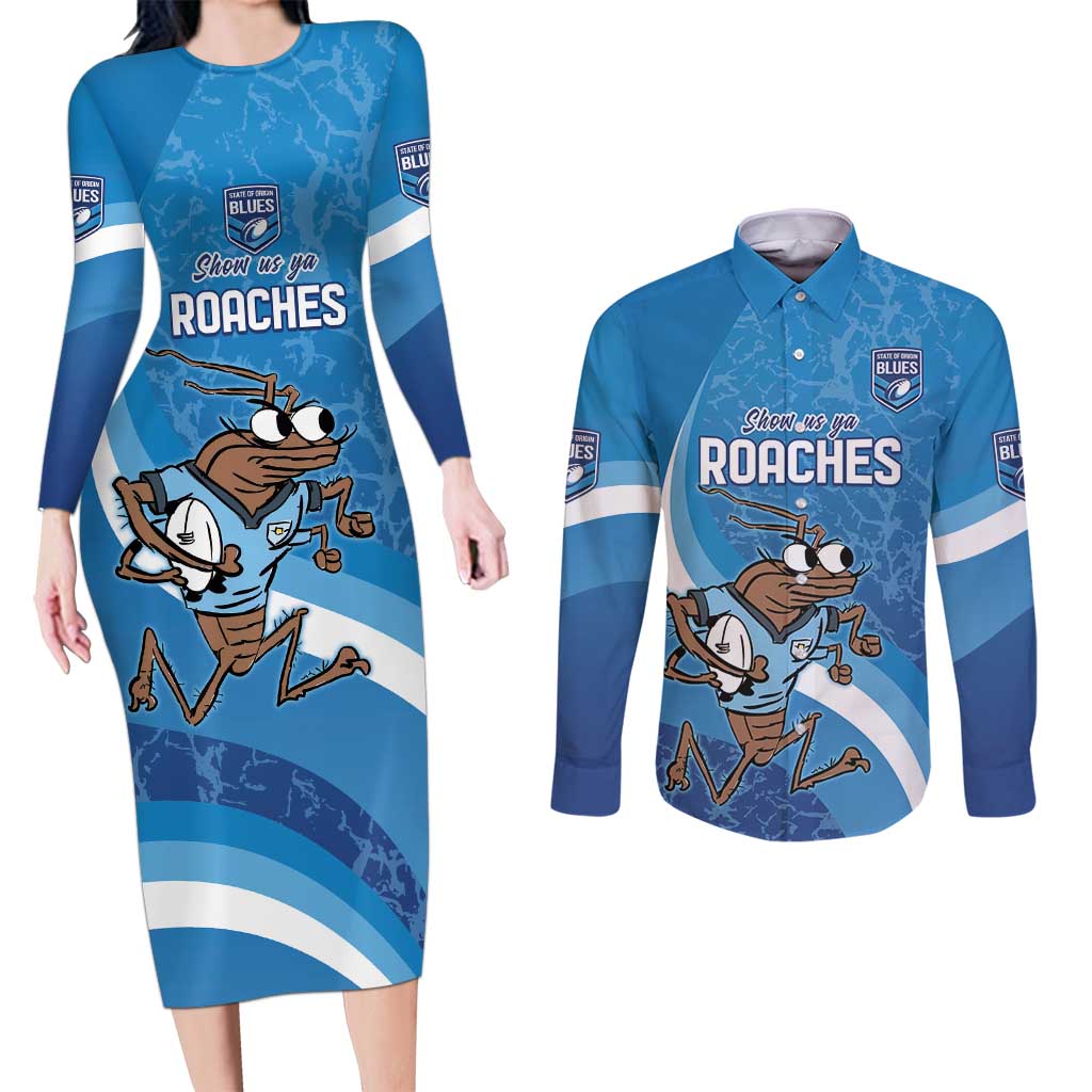 Custom NSW Cockroaches Blues Couples Matching Long Sleeve Bodycon Dress and Long Sleeve Button Shirt New South Wales Origin No1