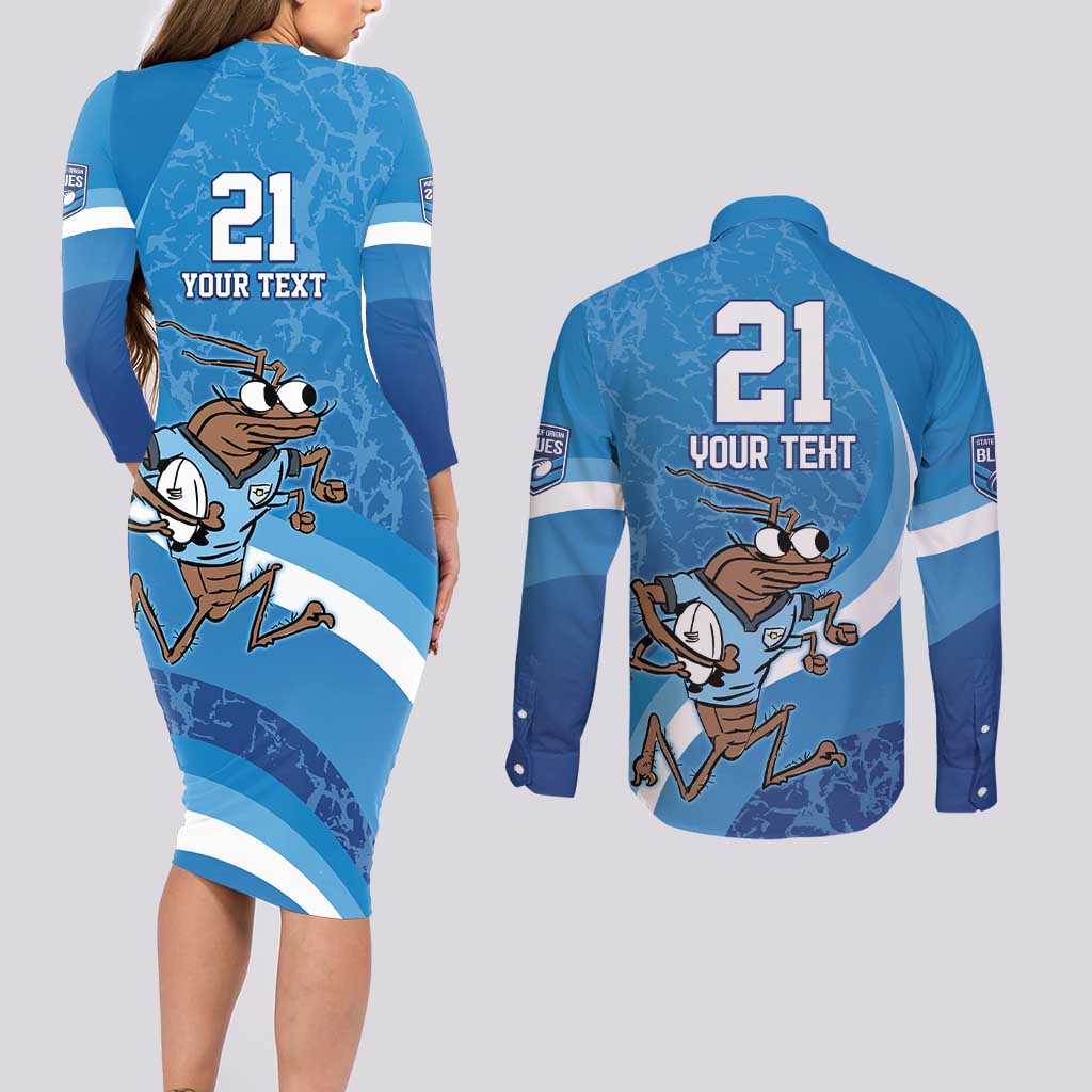 Custom NSW Cockroaches Blues Couples Matching Long Sleeve Bodycon Dress and Long Sleeve Button Shirt New South Wales Origin No1