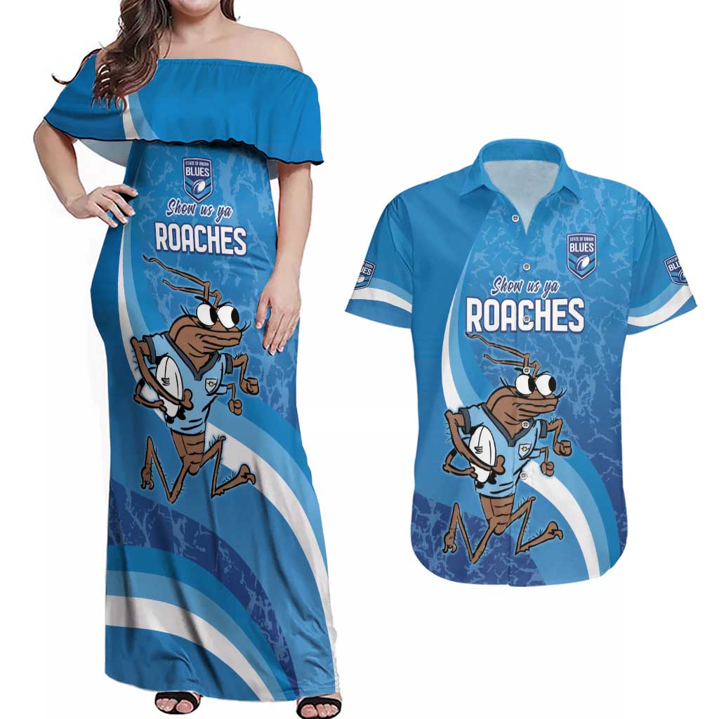 Custom NSW Cockroaches Blues Couples Matching Off Shoulder Maxi Dress and Hawaiian Shirt New South Wales Origin No1