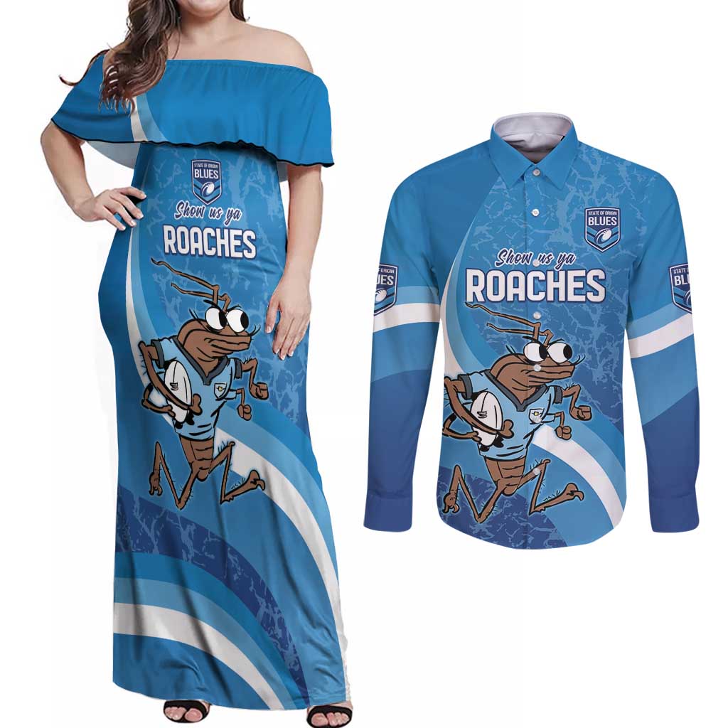 Custom NSW Cockroaches Blues Couples Matching Off Shoulder Maxi Dress and Long Sleeve Button Shirt New South Wales Origin No1