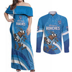 Custom NSW Cockroaches Blues Couples Matching Off Shoulder Maxi Dress and Long Sleeve Button Shirt New South Wales Origin No1