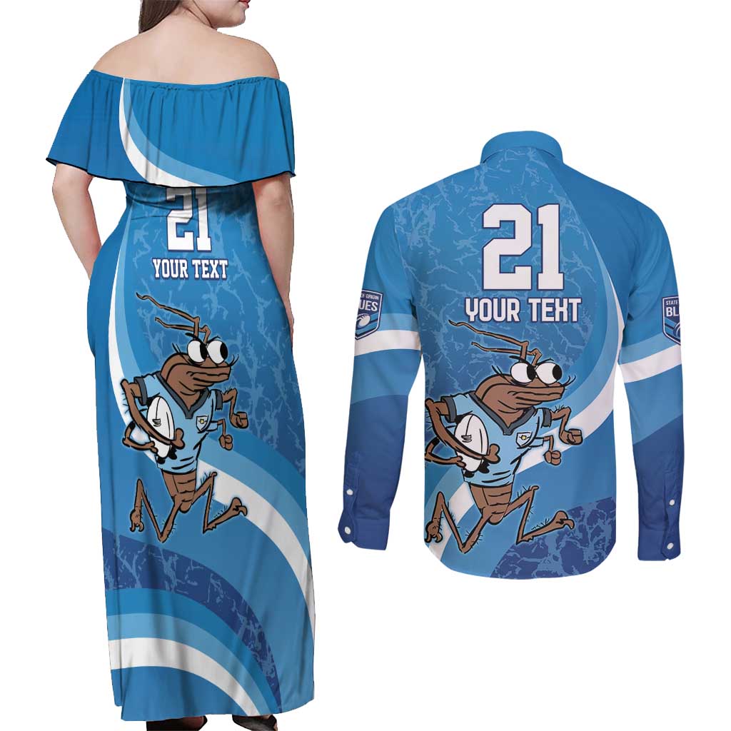 Custom NSW Cockroaches Blues Couples Matching Off Shoulder Maxi Dress and Long Sleeve Button Shirt New South Wales Origin No1
