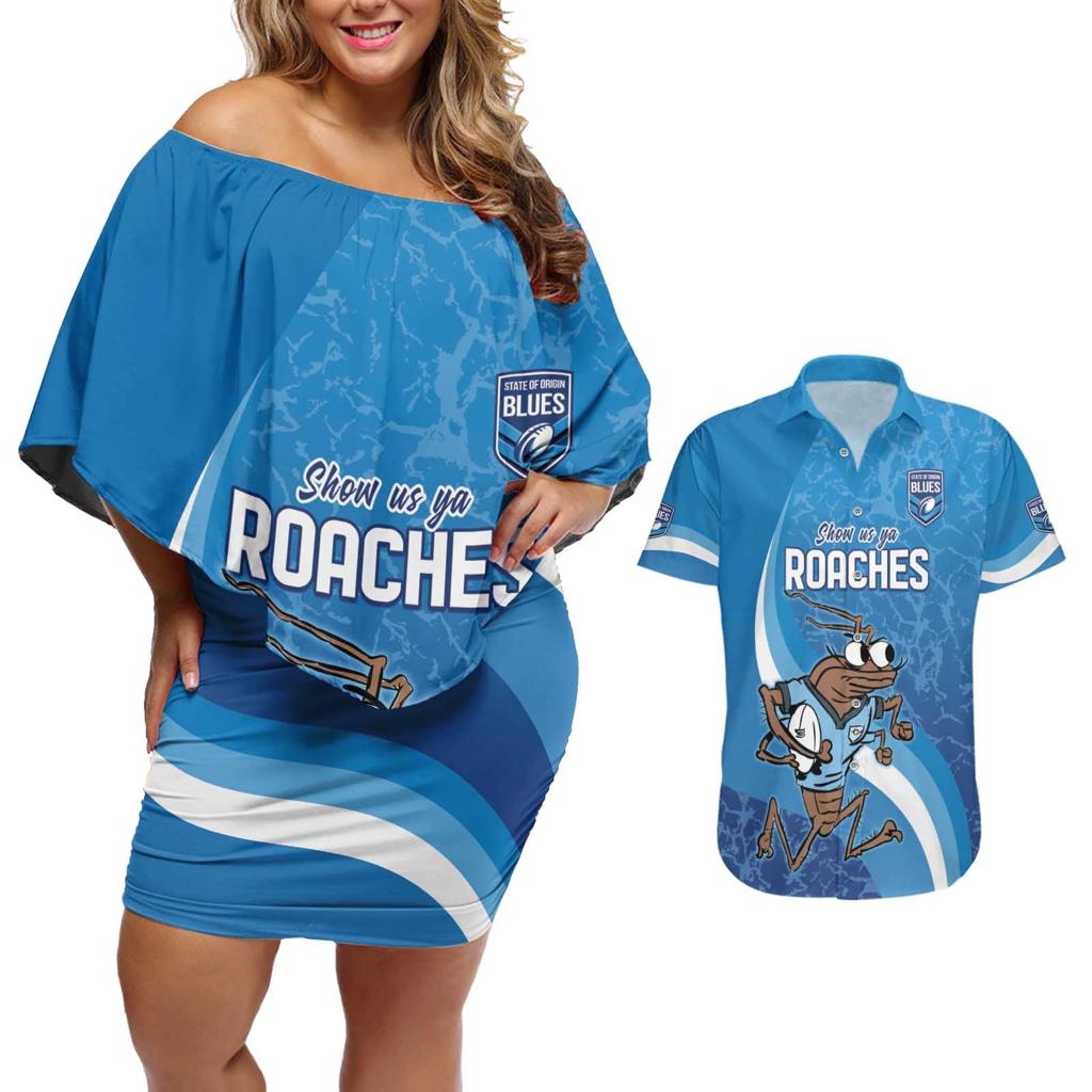 Custom NSW Cockroaches Blues Couples Matching Off Shoulder Short Dress and Hawaiian Shirt New South Wales Origin No1