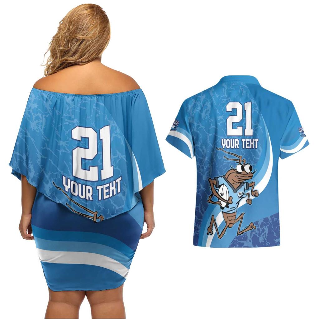 Custom NSW Cockroaches Blues Couples Matching Off Shoulder Short Dress and Hawaiian Shirt New South Wales Origin No1