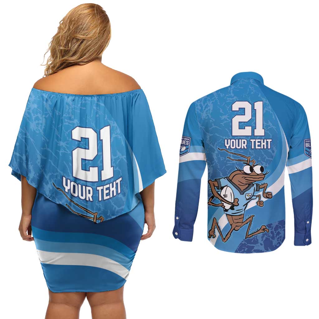 Custom NSW Cockroaches Blues Couples Matching Off Shoulder Short Dress and Long Sleeve Button Shirt New South Wales Origin No1