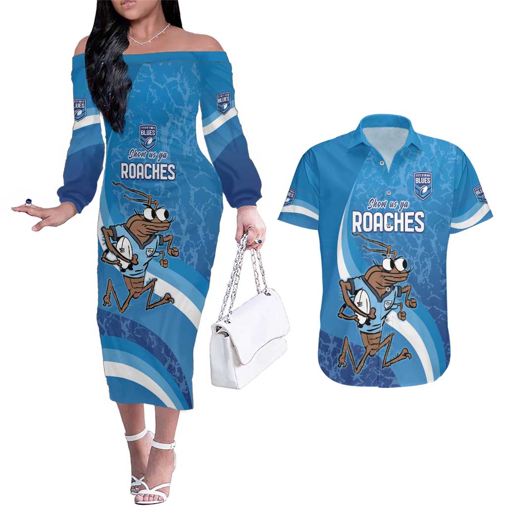 Custom NSW Cockroaches Blues Couples Matching Off The Shoulder Long Sleeve Dress and Hawaiian Shirt New South Wales Origin No1