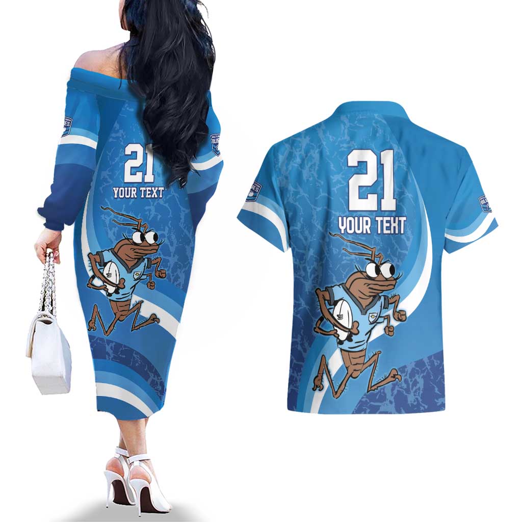 Custom NSW Cockroaches Blues Couples Matching Off The Shoulder Long Sleeve Dress and Hawaiian Shirt New South Wales Origin No1