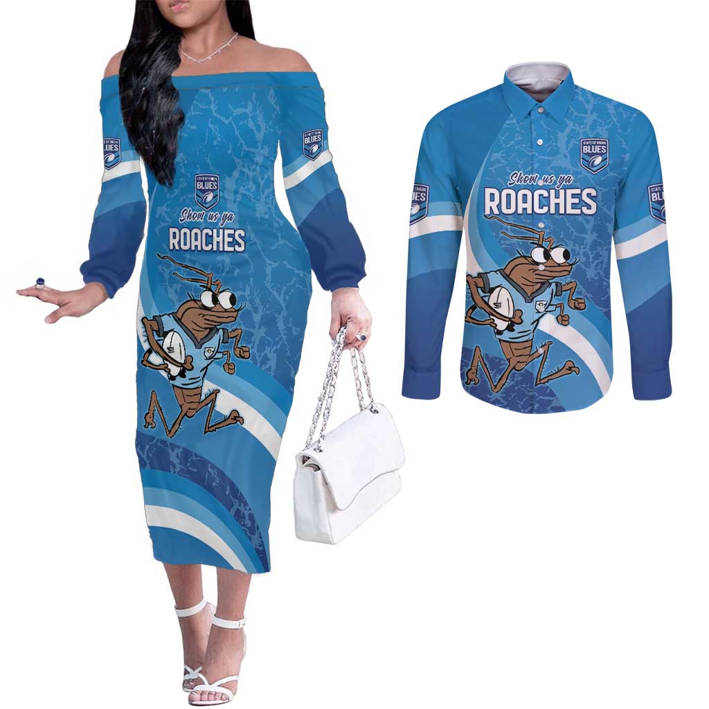 Custom NSW Cockroaches Blues Couples Matching Off The Shoulder Long Sleeve Dress and Long Sleeve Button Shirt New South Wales Origin No1