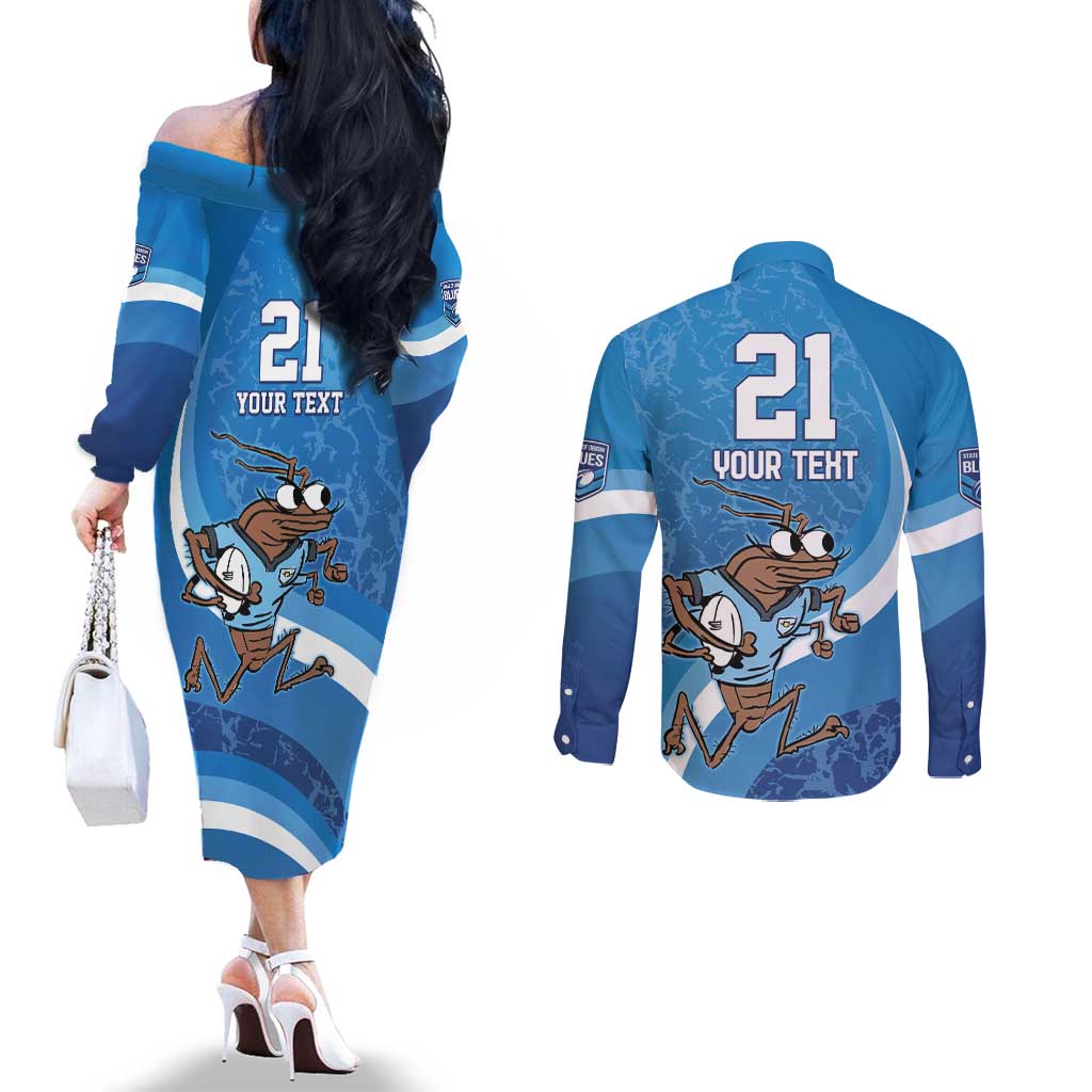 Custom NSW Cockroaches Blues Couples Matching Off The Shoulder Long Sleeve Dress and Long Sleeve Button Shirt New South Wales Origin No1