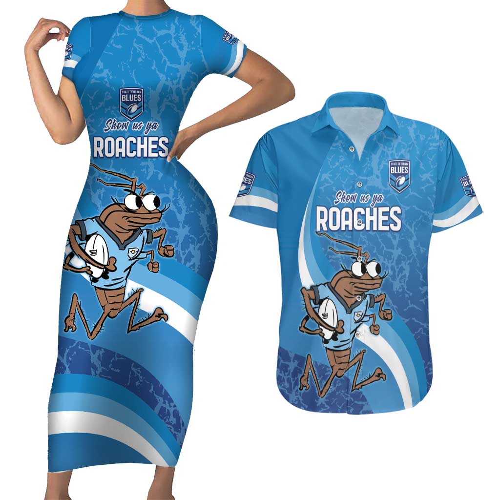 Custom NSW Cockroaches Blues Couples Matching Short Sleeve Bodycon Dress and Hawaiian Shirt New South Wales Origin No1
