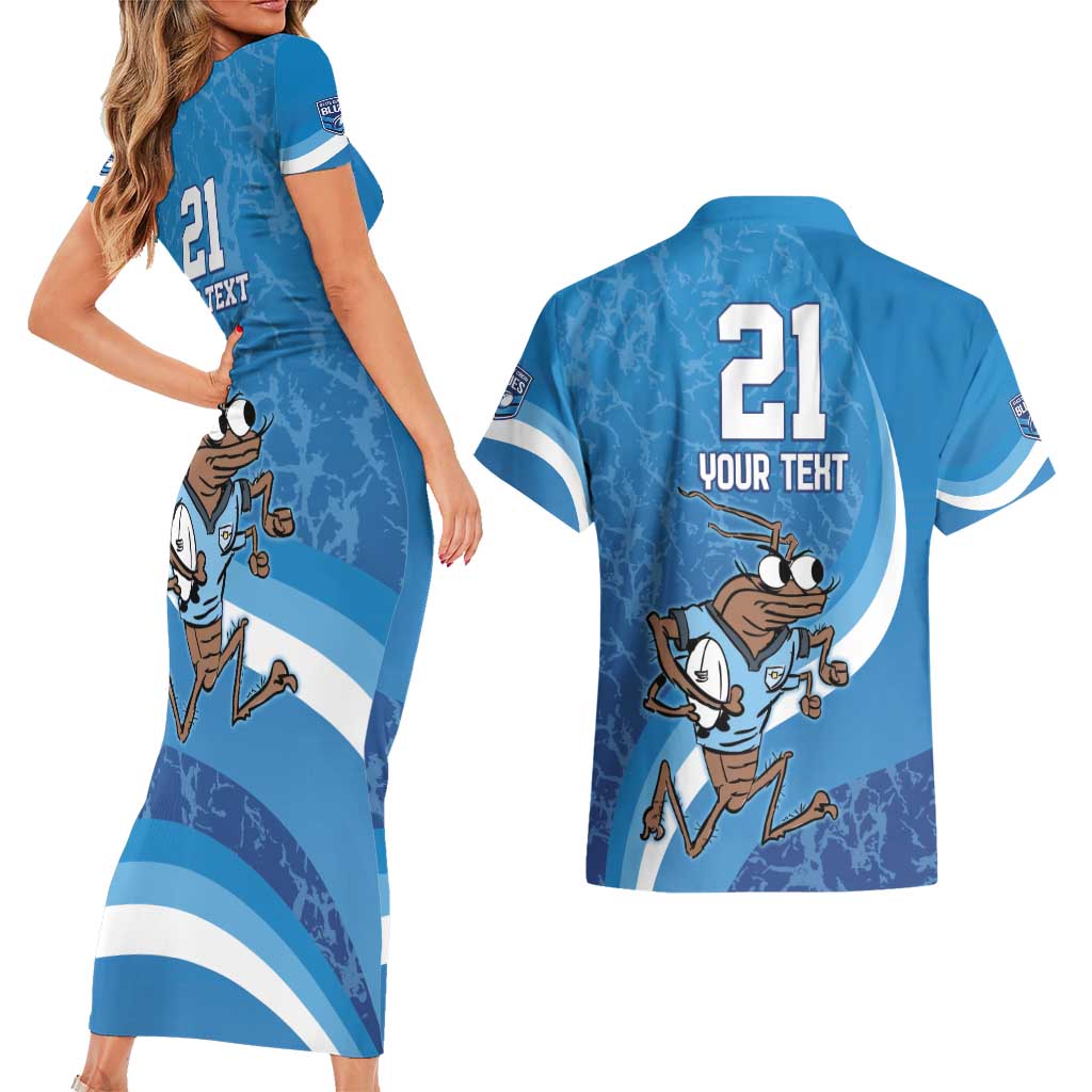Custom NSW Cockroaches Blues Couples Matching Short Sleeve Bodycon Dress and Hawaiian Shirt New South Wales Origin No1