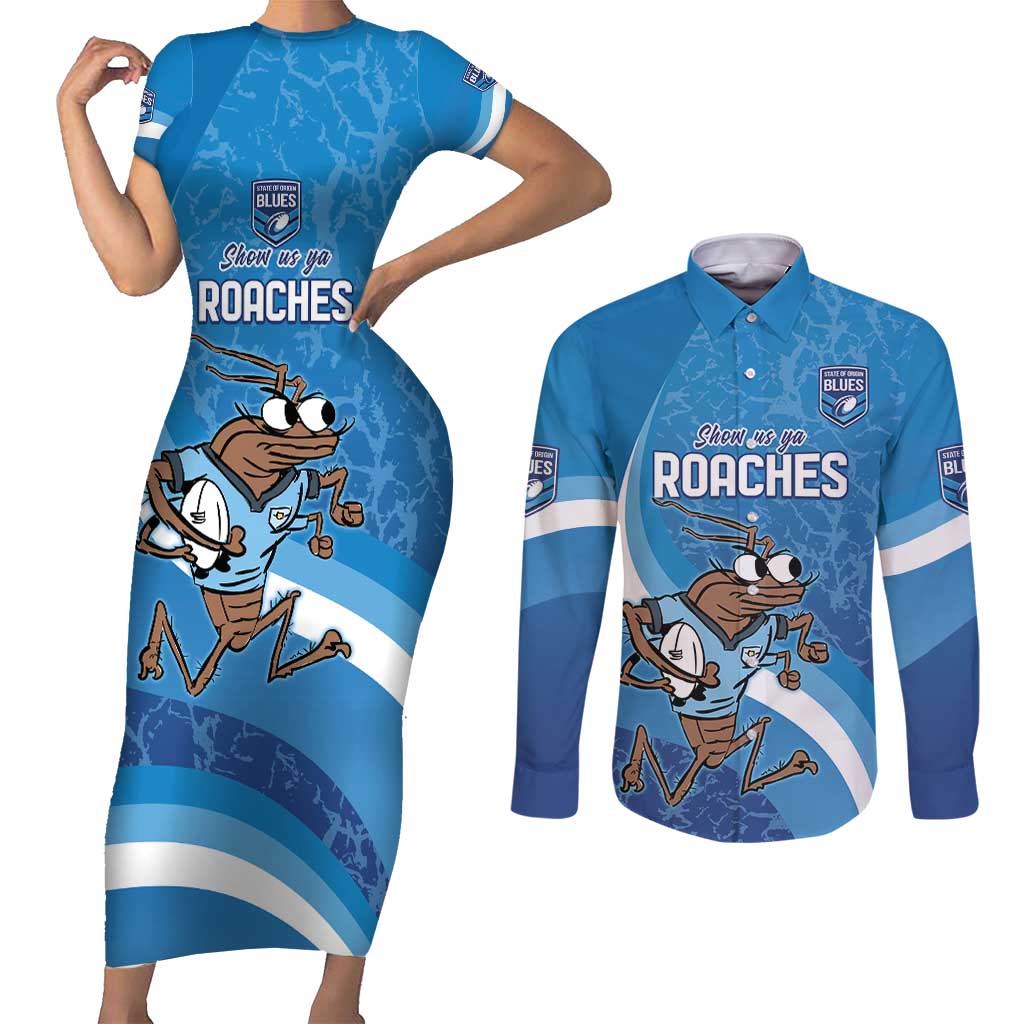 Custom NSW Cockroaches Blues Couples Matching Short Sleeve Bodycon Dress and Long Sleeve Button Shirt New South Wales Origin No1
