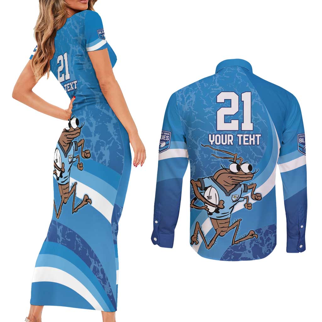 Custom NSW Cockroaches Blues Couples Matching Short Sleeve Bodycon Dress and Long Sleeve Button Shirt New South Wales Origin No1
