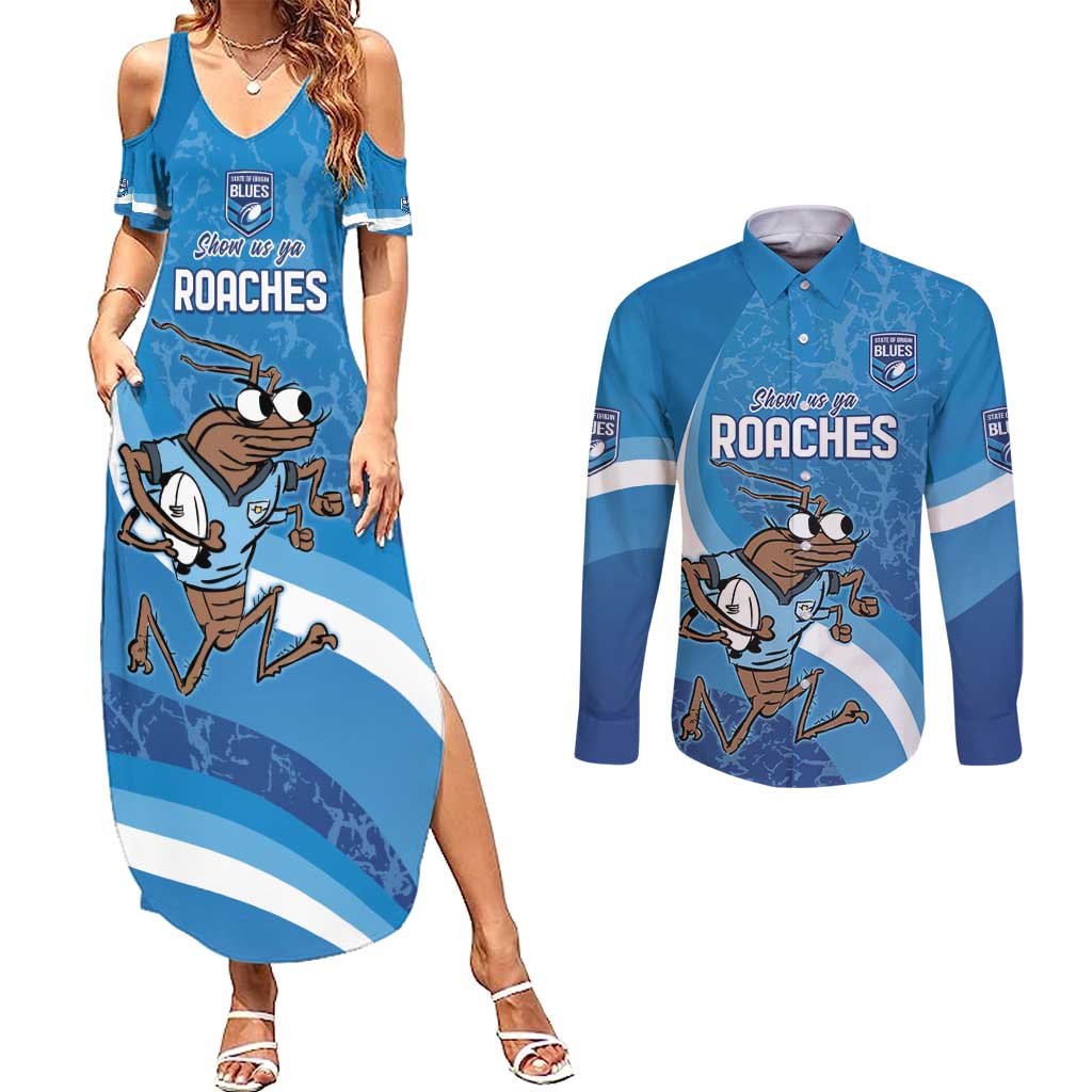 Custom NSW Cockroaches Blues Couples Matching Summer Maxi Dress and Long Sleeve Button Shirt New South Wales Origin No1
