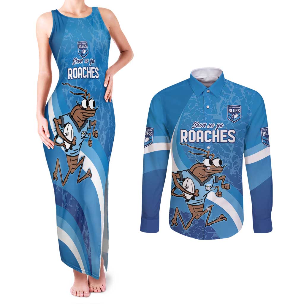 Custom NSW Cockroaches Blues Couples Matching Tank Maxi Dress and Long Sleeve Button Shirt New South Wales Origin No1
