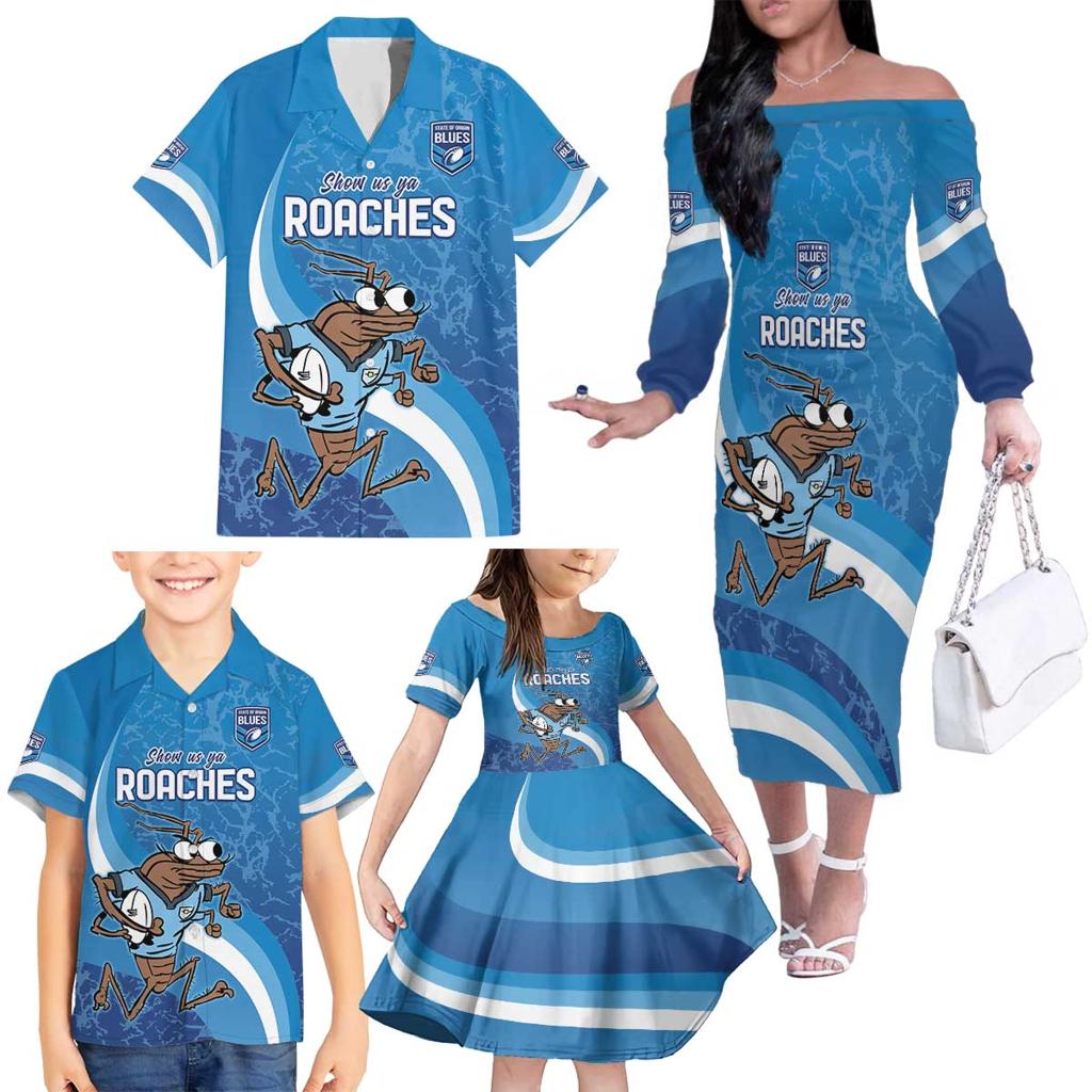 Custom NSW Cockroaches Blues Family Matching Off The Shoulder Long Sleeve Dress and Hawaiian Shirt New South Wales Origin No1