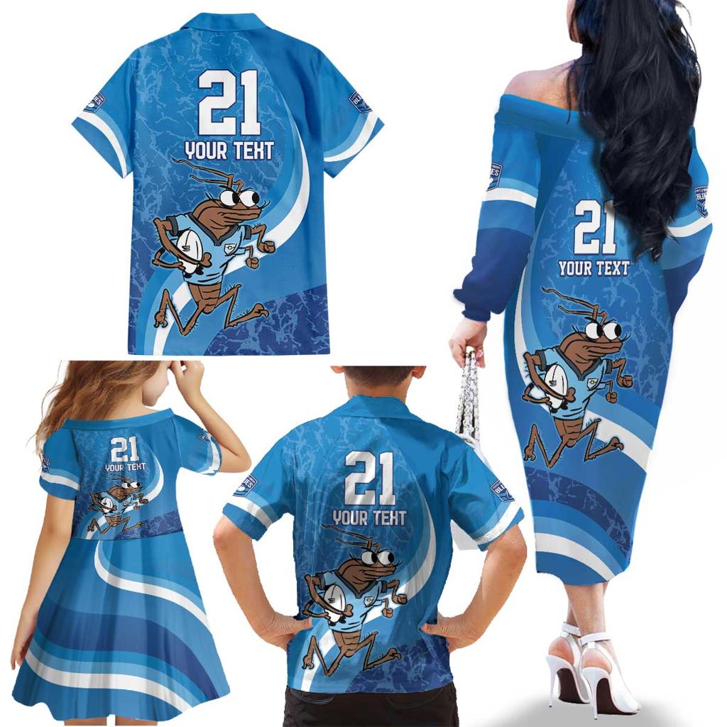 Custom NSW Cockroaches Blues Family Matching Off The Shoulder Long Sleeve Dress and Hawaiian Shirt New South Wales Origin No1