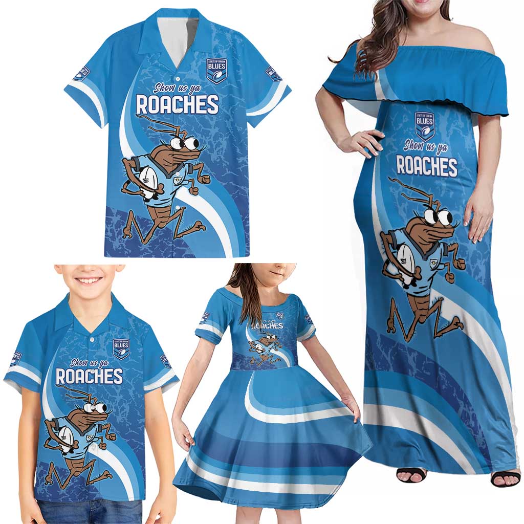 Custom NSW Cockroaches Blues Family Matching Off Shoulder Maxi Dress and Hawaiian Shirt New South Wales Origin No1