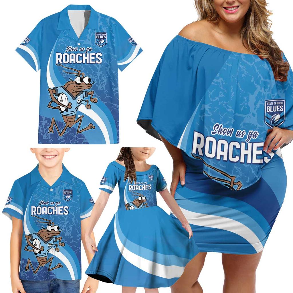 Custom NSW Cockroaches Blues Family Matching Off Shoulder Short Dress and Hawaiian Shirt New South Wales Origin No1
