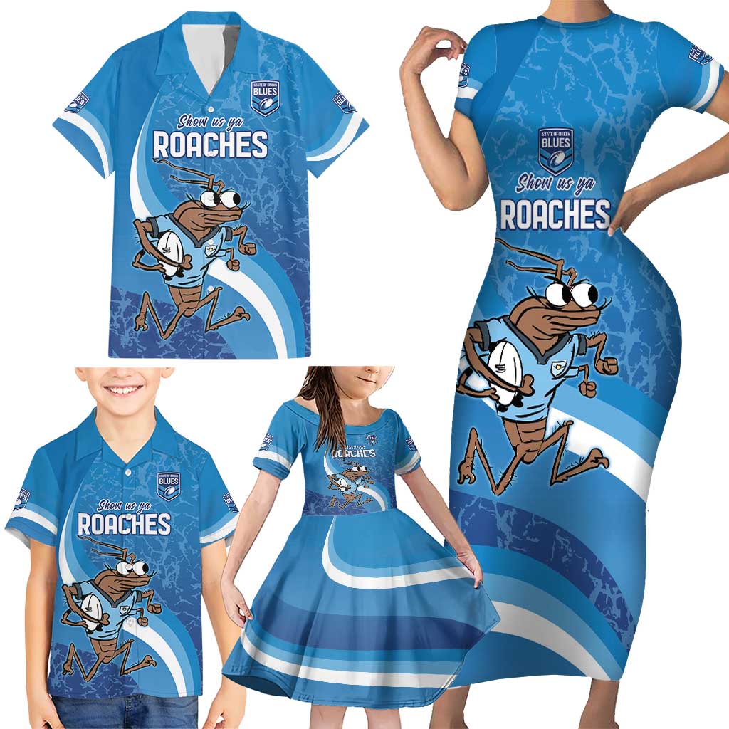 Custom NSW Cockroaches Blues Family Matching Short Sleeve Bodycon Dress and Hawaiian Shirt New South Wales Origin No1
