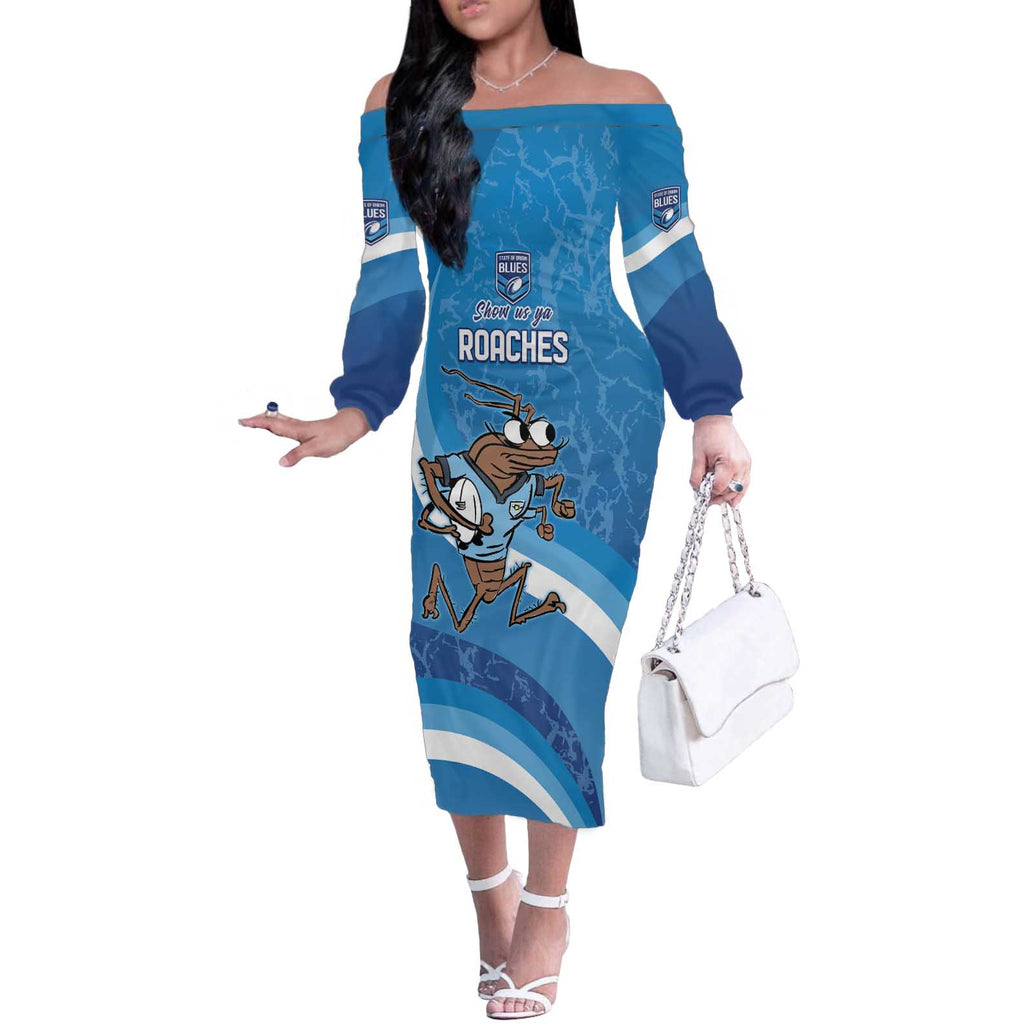 Custom NSW Cockroaches Blues Off The Shoulder Long Sleeve Dress New South Wales Origin No1