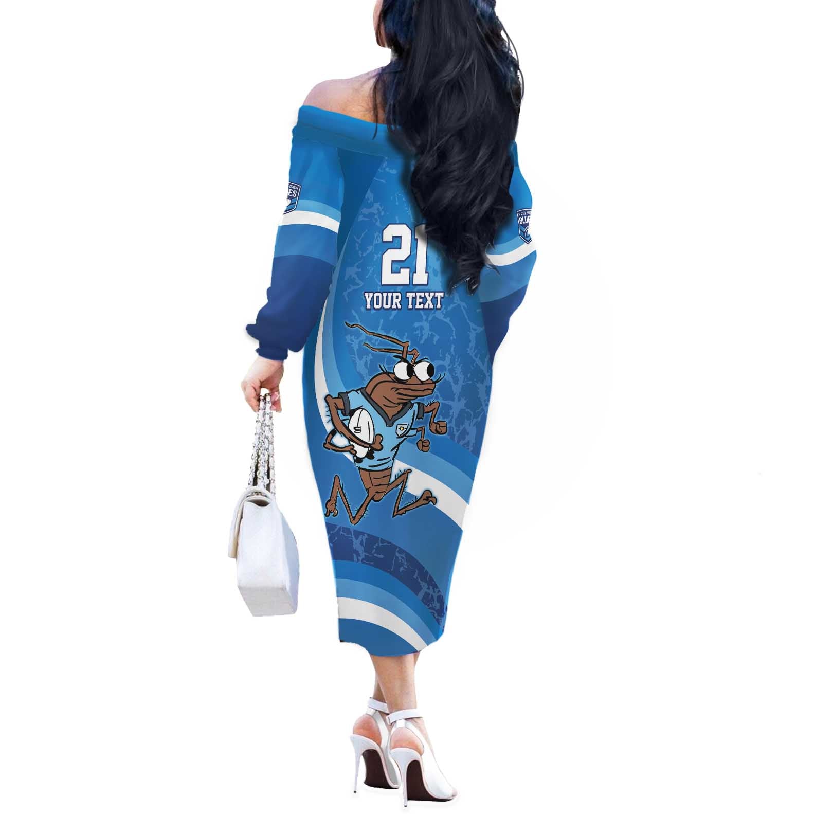 Custom NSW Cockroaches Blues Off The Shoulder Long Sleeve Dress New South Wales Origin No1