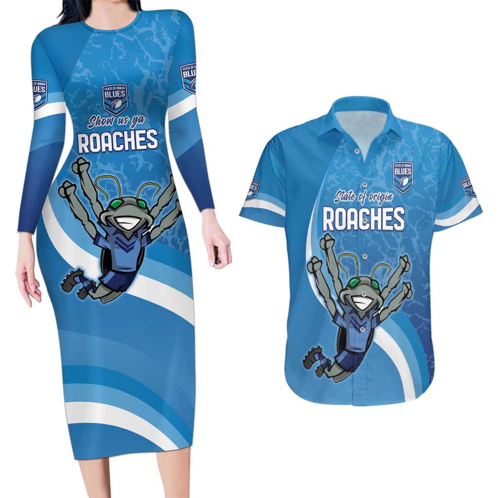 Custom NSW Cockroaches Blues Couples Matching Long Sleeve Bodycon Dress and Hawaiian Shirt New South Wales Origin No2