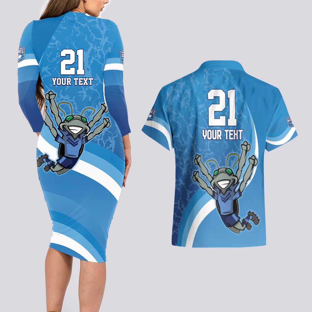 Custom NSW Cockroaches Blues Couples Matching Long Sleeve Bodycon Dress and Hawaiian Shirt New South Wales Origin No2